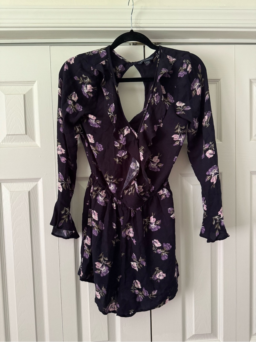 American Eagle Outfitters Dark Purple Floral Ruffle V-Neck Romper